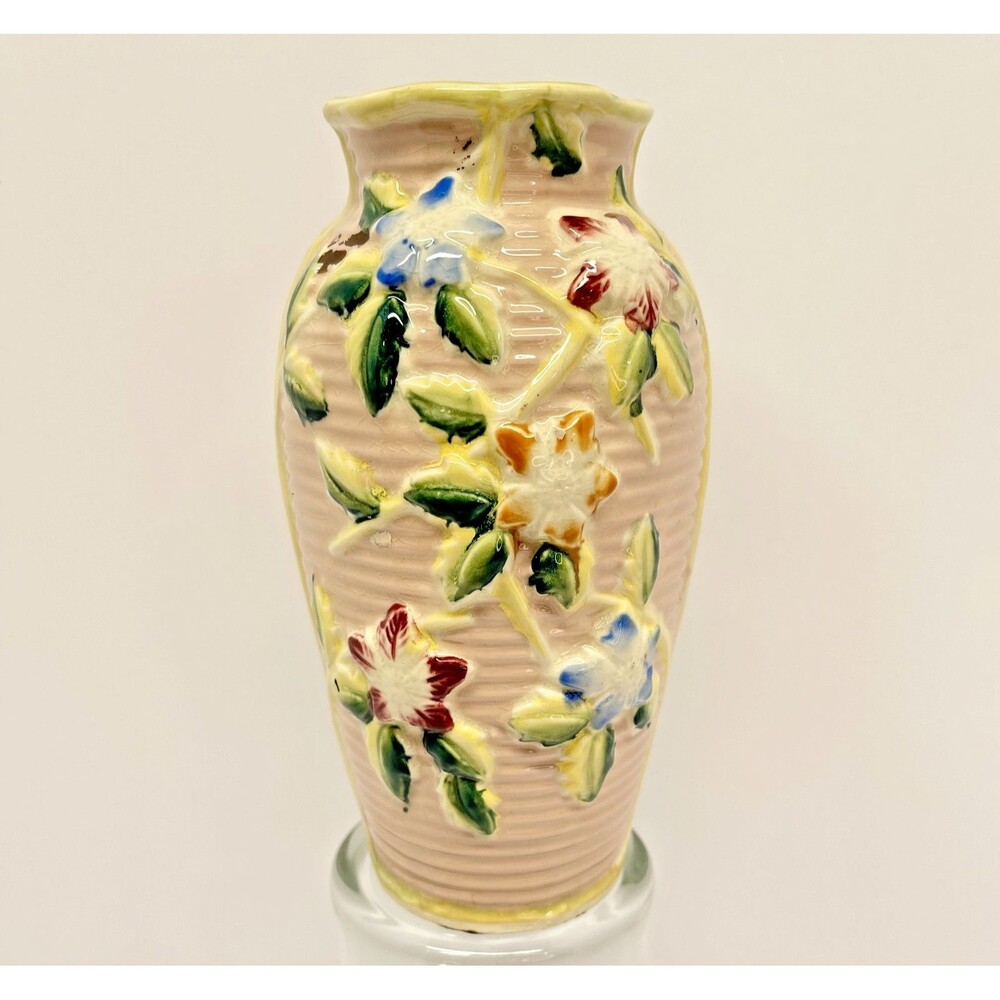 Midcentury Majolica Inspired Floral Vines 7" Vase Pink Ribbed Base JAPAN-EXCL